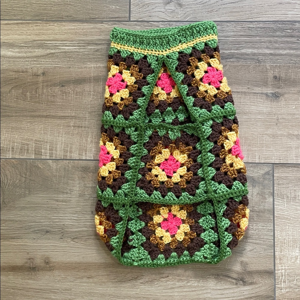 Dog Sweater Large Crochet Granny Square Green Brown Pink - Picture 2 of 11